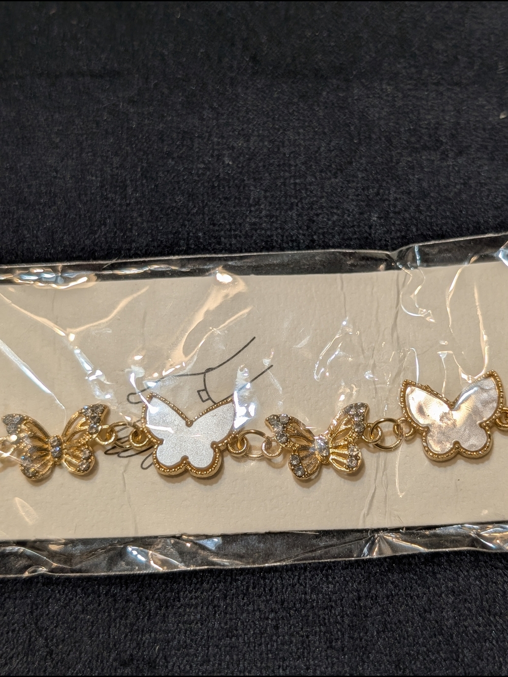 Gold Tone Butterfly Link Bracelet with White Enamel and Crystals
